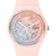 Swatch Fleetingly Pink Pay! SO32P103-5300 - completamente rosa delicato - quadrante trasparente